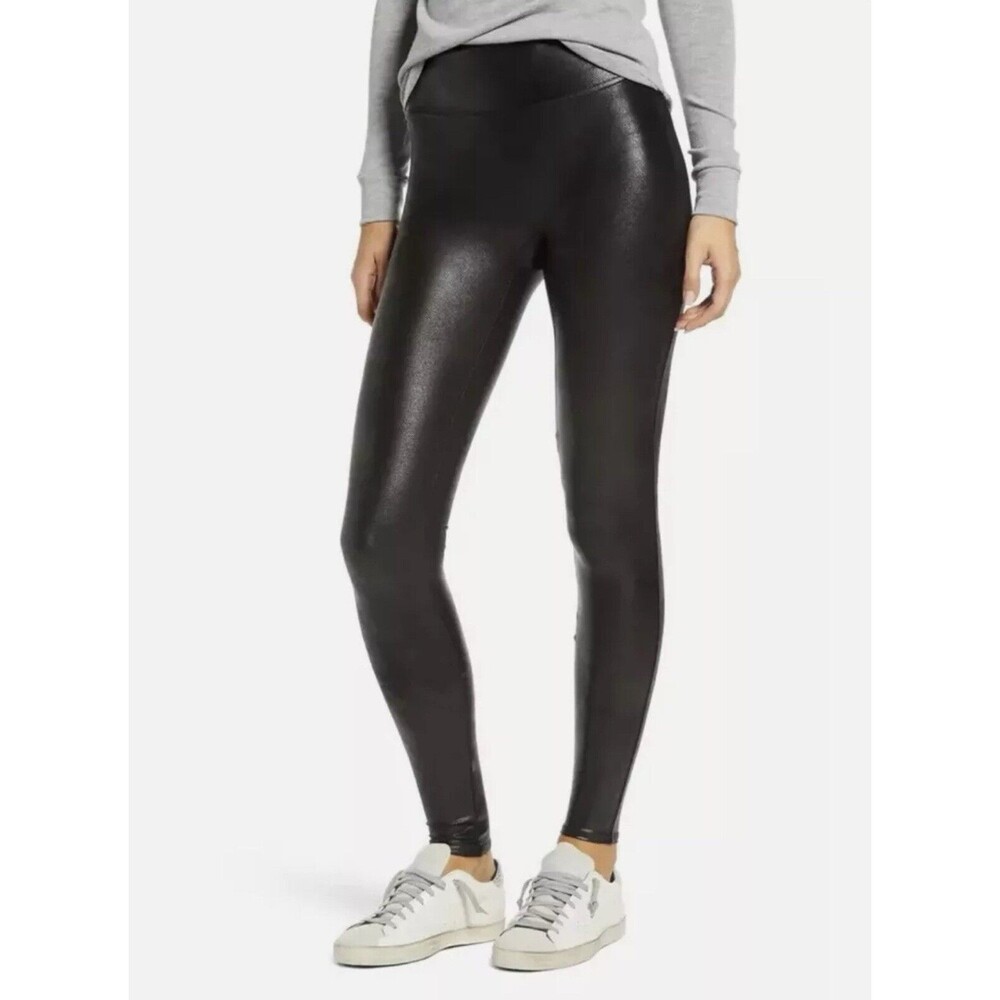 Spanx Faux Leather Metallic Shimmer Black Leggings Size Small Athleisure Yoga
